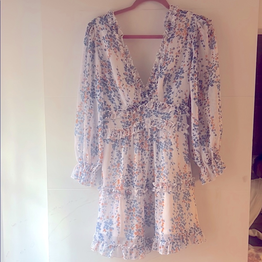 Floral Ruffle Dress Size XS White Blue COTTAGECORE